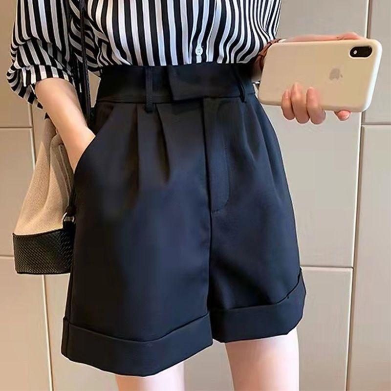 Shorts Women s Tooling High Waist Skinny Pants Casual Pants Wide Leg Pants Summer Suit Pants Loose High Waist Solid Khaki Pleated Cuffed Hem Shorts S чёрный