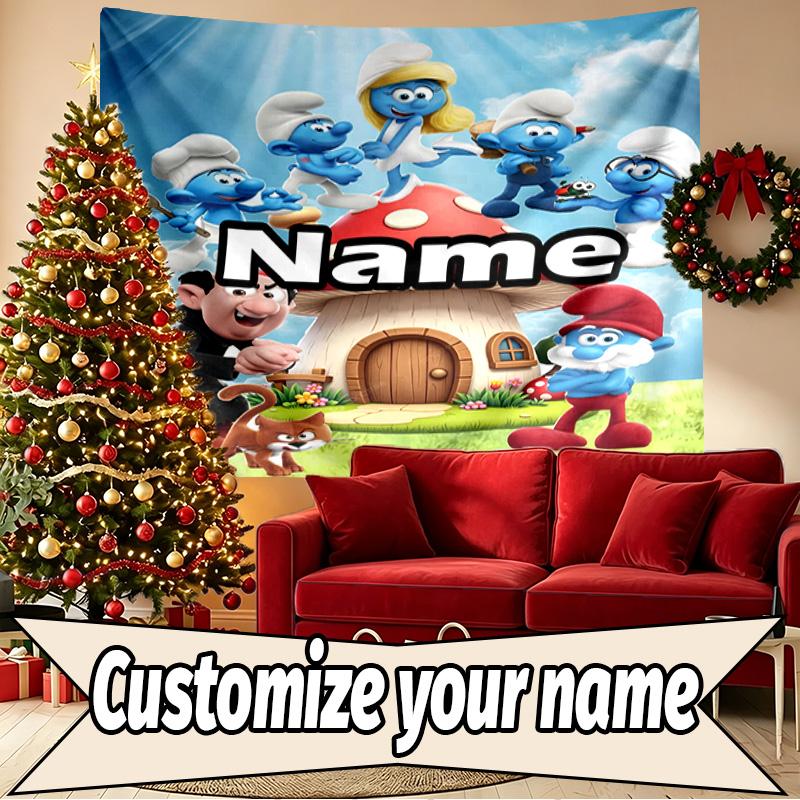 Custom Name Personalized Blue Smurfs Print Tapestry, Wall Art Decor, Bedroom, Dorm, Apartment, LivingRoom, Party Backdrop, Gift for Birthday