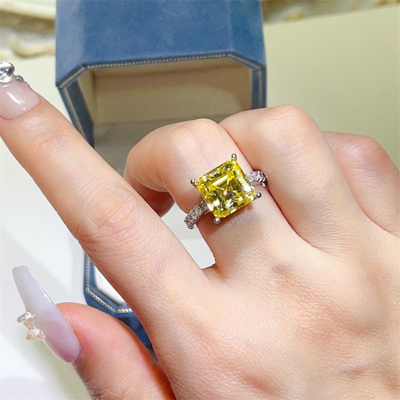 Yellow Moissanite Micro-Pavé Square Ring - Stylish Women's European American Cross-Border Bestseller