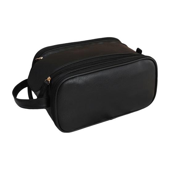 Portable Cosmetic Bag Large Capacity Faux Leather Dual Zipper Closure 3-layer Pure Color
