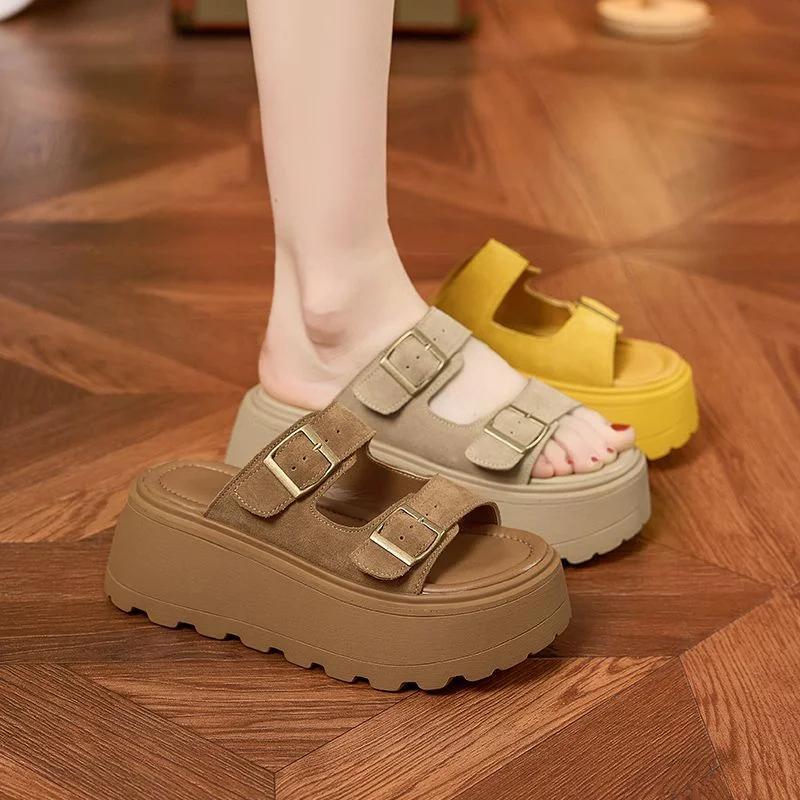 Fashion 7CM Suede Leather High Brand Comfy Peep Toe Slippers Fashion Platform Wedge Flats Sandals Summer Chunky Sneaker Hook Shoes Women