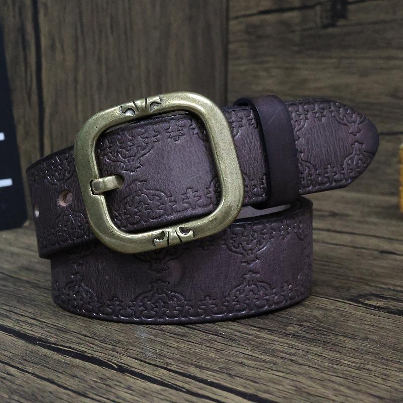 Vintage Handmade Women's Genuine Leather Belt with Copper Buckle - First Layer Cowhide, Versatile for Jeans, Personality Pattern, Casual Style.