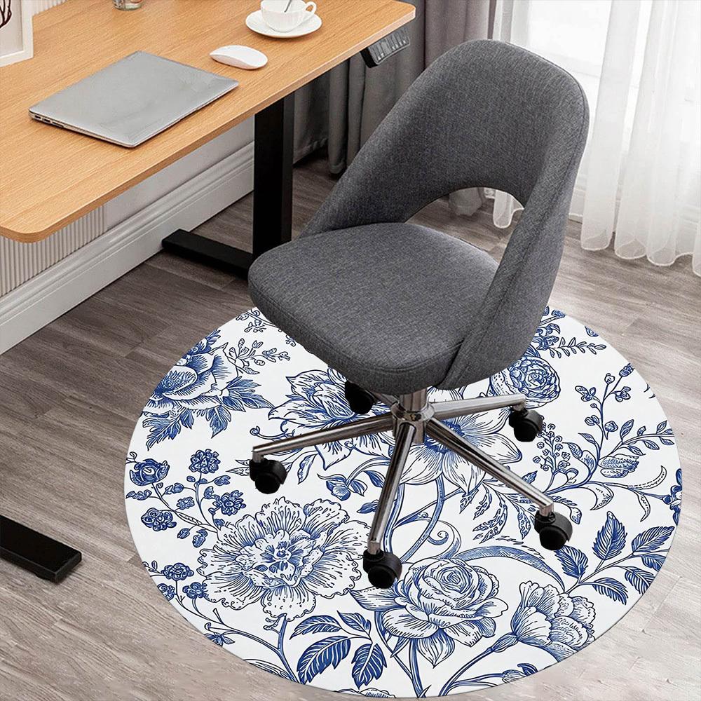 

1pc Floral Blue White Round Chair mat Area Rug - Non-Slip, Floor Mat for Office, Bedroom, and Indoor Decor c1118168 80cm by 80cm