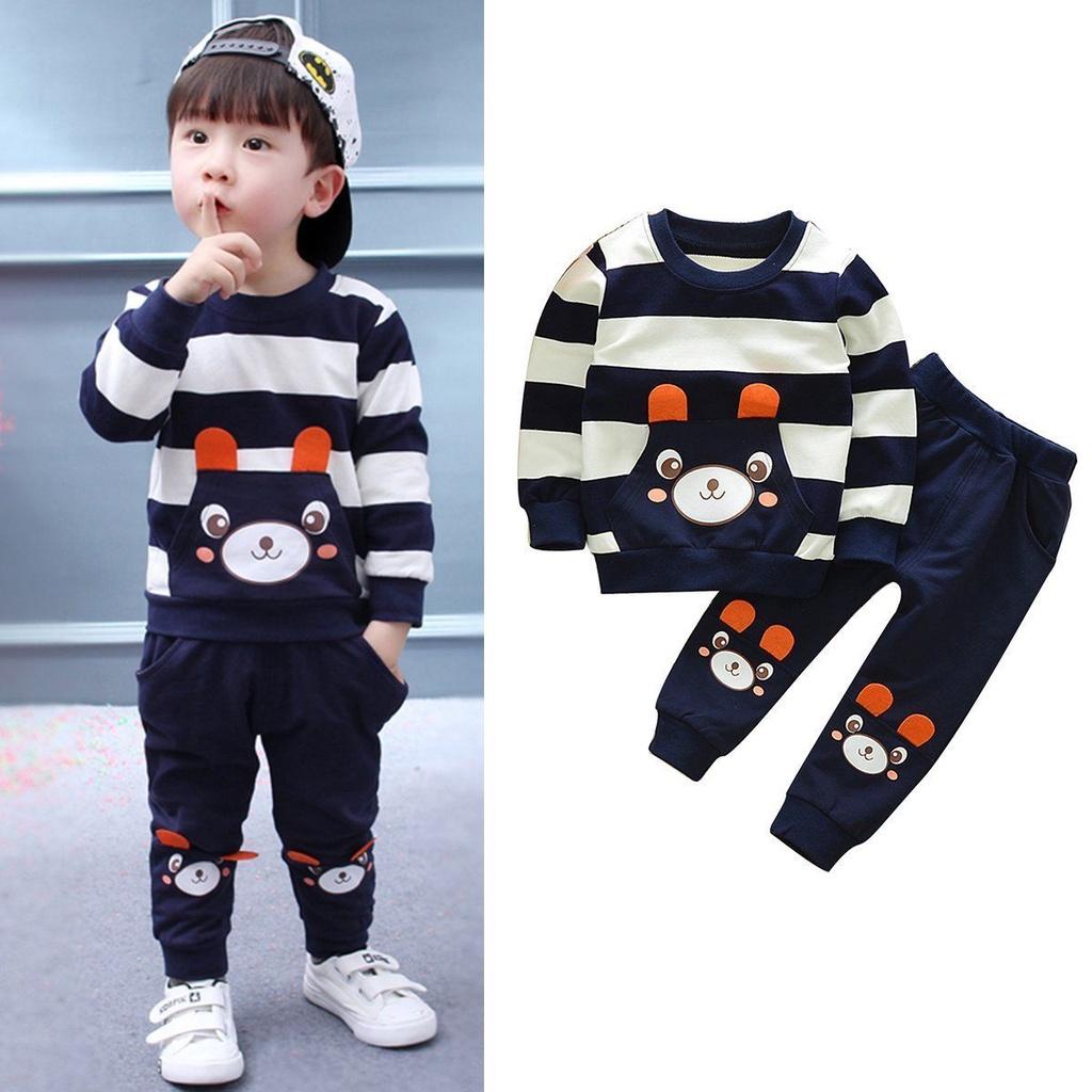 Stylish Bear Stripe 2pcs Toddler Kids Baby Boy Girl Sweater Coat Tops+pants Outfits Clothes Set
