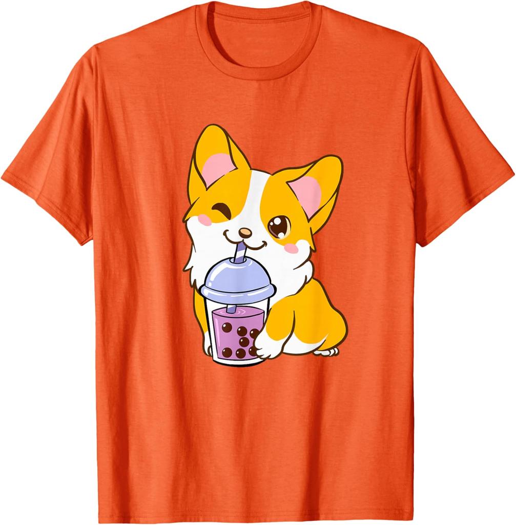 Kawaii Corgi Drinking Boba Tea Cute Dog Lover Graphic Tee Casual Short Sleeve T-Shirt