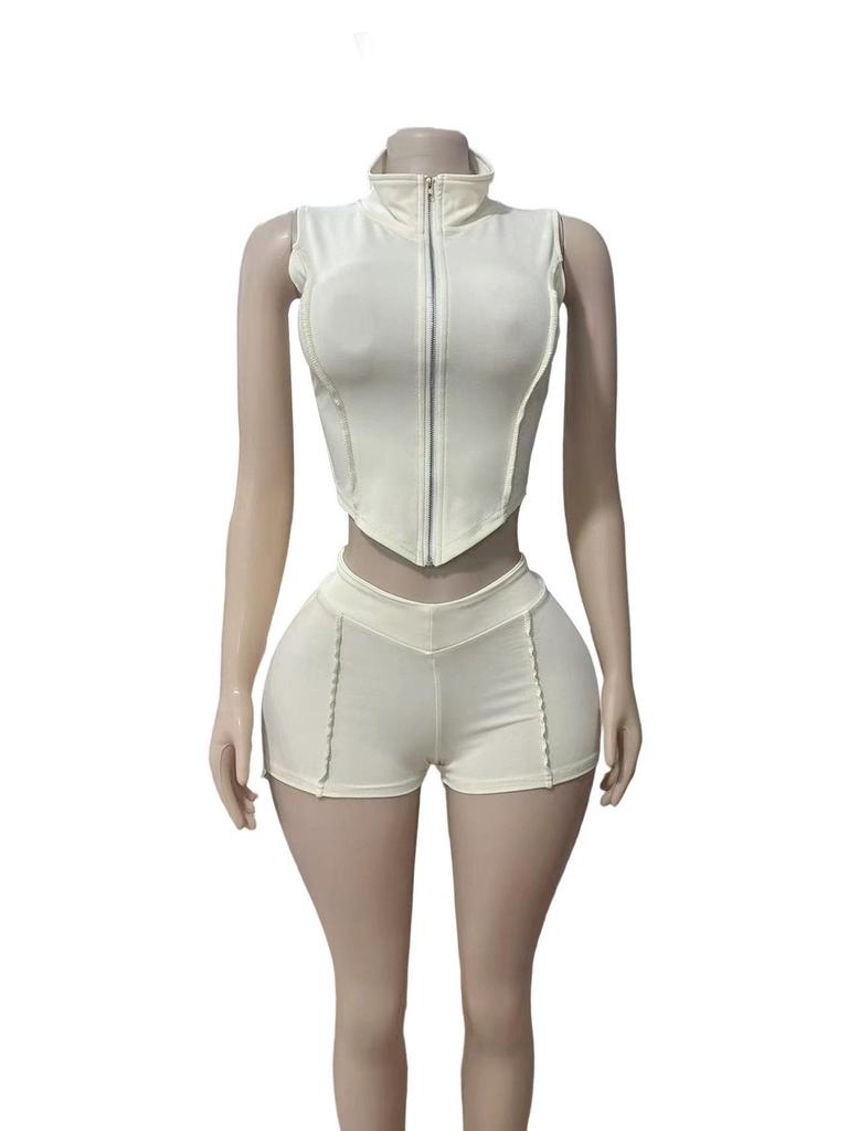 FC1376 European & American Women's Solid Color Vest and Sexy Shorts Set