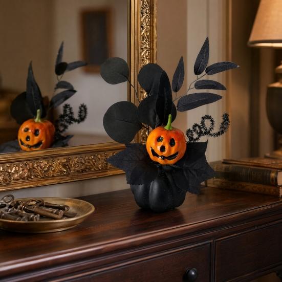 Halloween Spooky Pumpkin Decoration, Eyeball Pumpkin Figurine with Black Artificial Leaves, Holiday Party Ornament for Home, Office, Haunted House