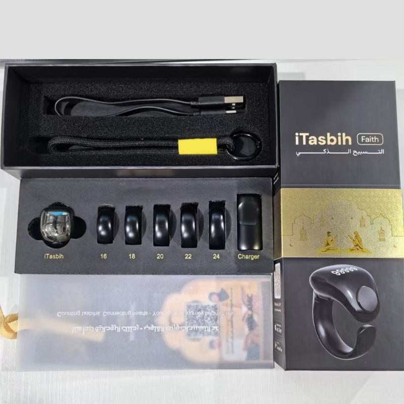 Intelligent Tasbih Rings With Digital Screen 5 Interchangeable Size Support Wireless Charging and Daily Prayer Reminders