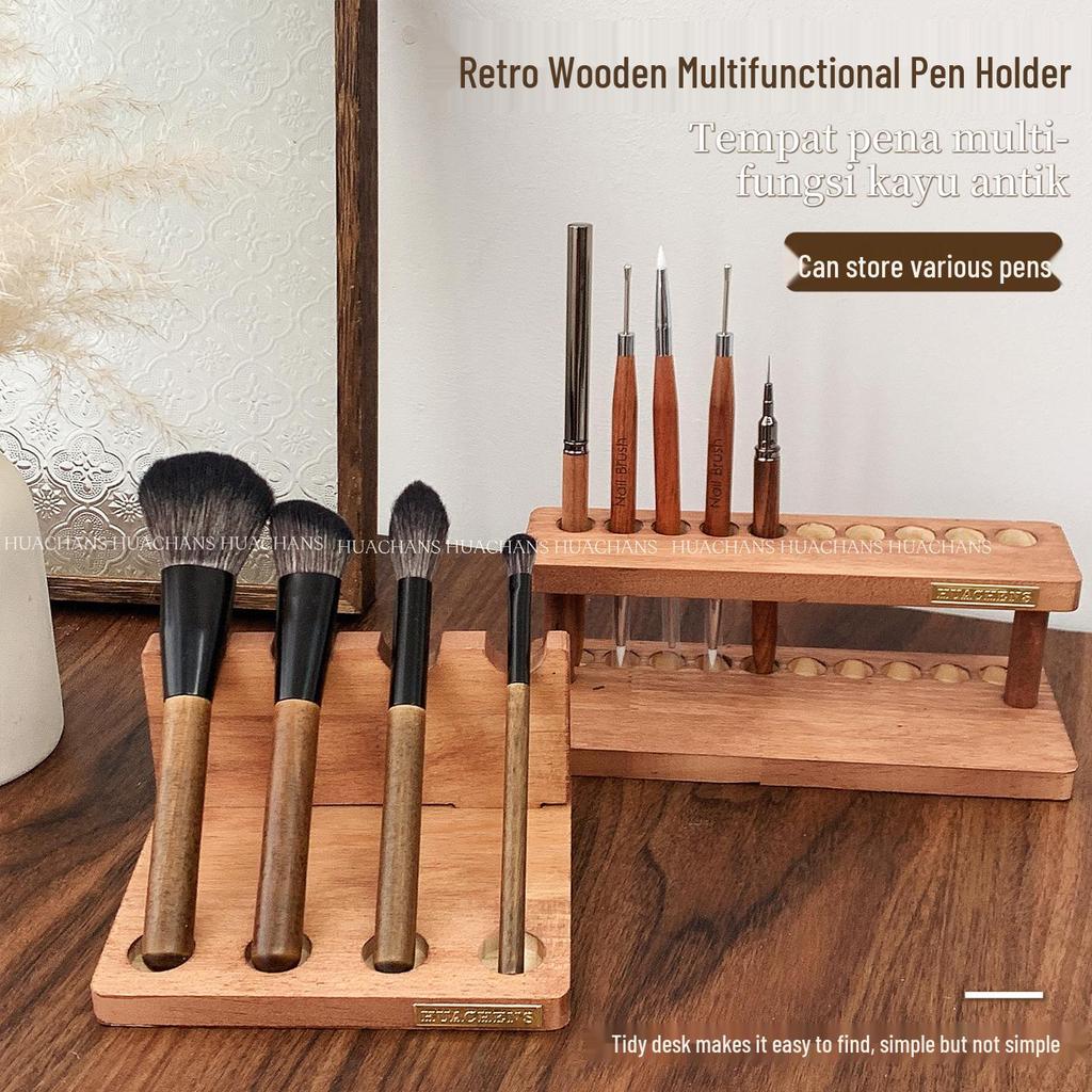Retro Wooden Multifunctional Nail Art Pen & Brush Holder
