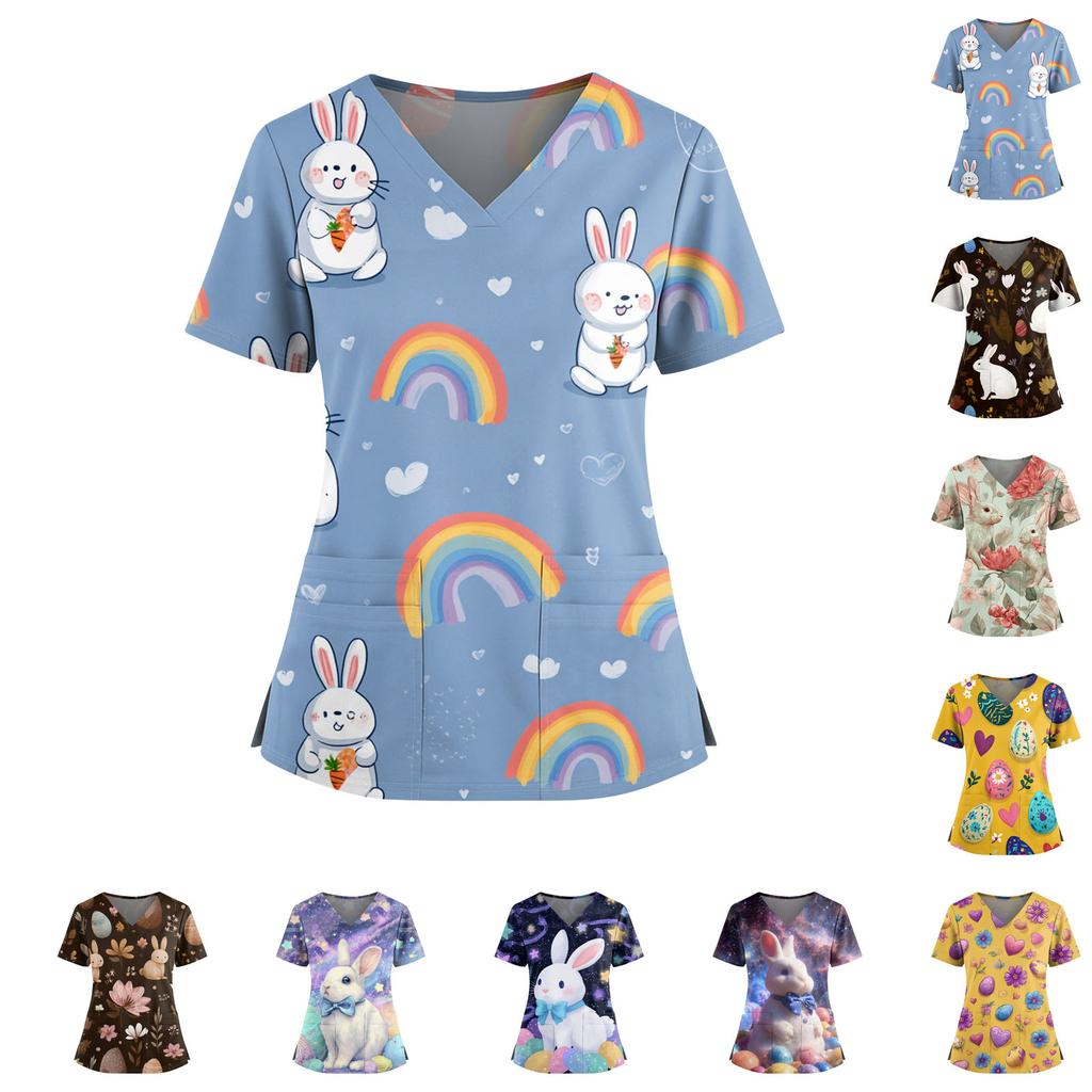 Dámský velikonoční potisk V-výstřih dvě kapsy krátký rukáv uniforma top s rozparkem na lemu