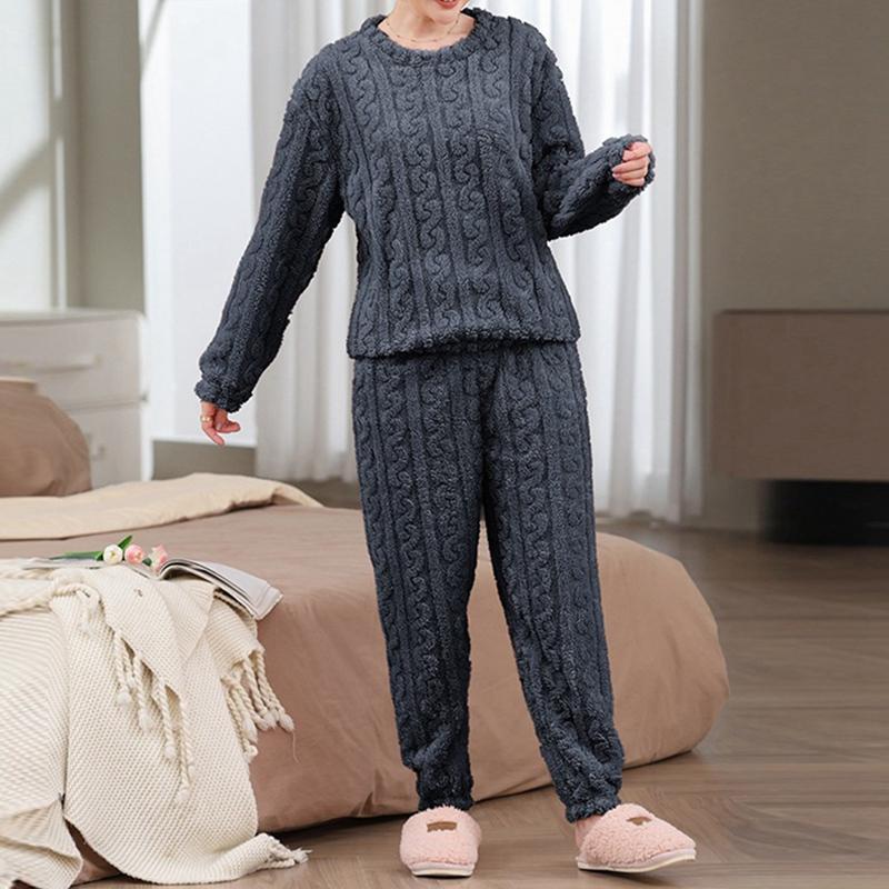 Damen Herbst- und Winter Korallenfleece Freizeit-Pyjama-Set Warmes Langarm-Oberteil und Hose Hauskleidung Zweiteilig