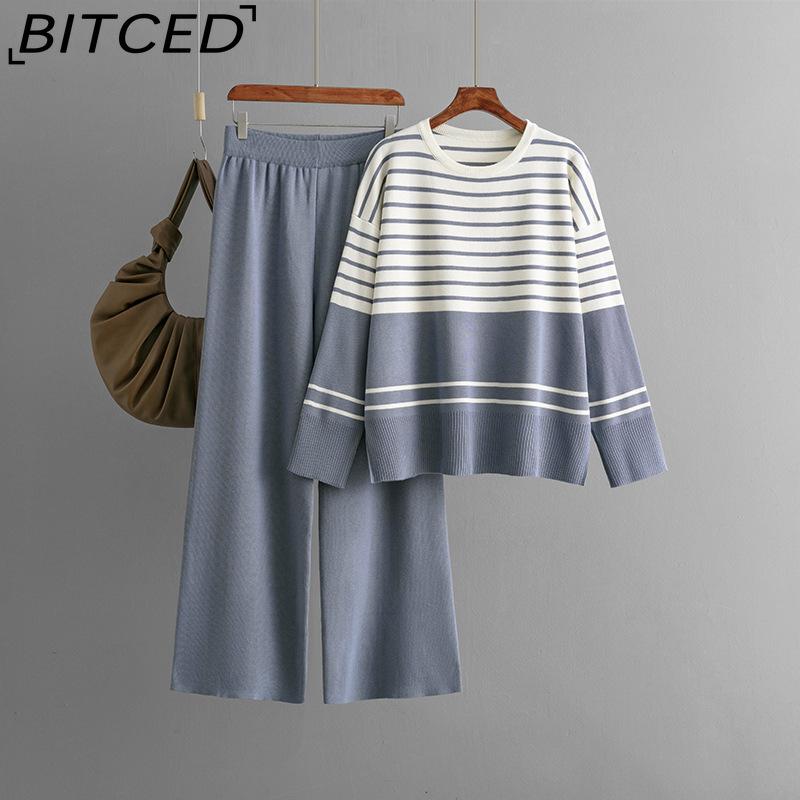 

BITCED Осенне-зимний полосатый вязаный свитер из двух частей с круглым вырезом, свободный повседневный и модный костюм One Size синий