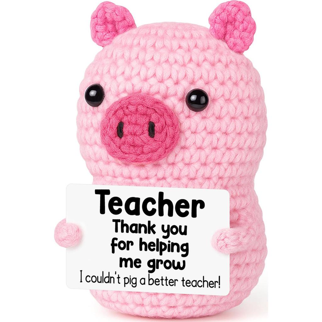 Pink Cute Pig Positive Crochet Animals Doll With Card Desktop Ornament Emotional Support Handmade Knitted Cheer Up Toy