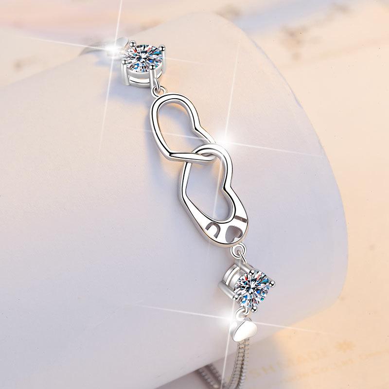 Women's Romantic Heart-Shaped Double Loop Bracelet PT950 Platinum 1CT Moissanite Elegant High-End Gift Jewelry