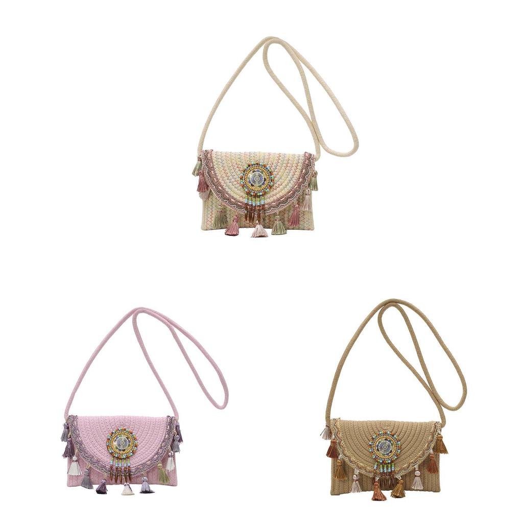 Boho Chic Shoulder Bag With Fringes And Stitching In Cotton Linen For Street Fashion