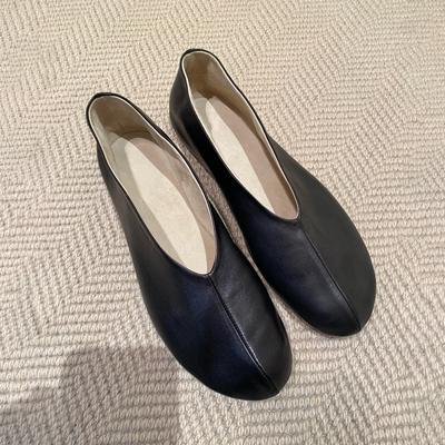 Cowhide Version~ Niche New Simple Round Head Soft Leather Grandma Shoes French Versatile One-pedal Comfortable Flat-soled Single Shoes