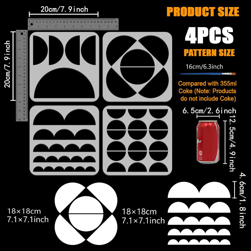 4Pcs 4 Styles PET Hollow Out Drawing Painting Stencils for DIY Scrapbook Photo Album Half Round 200x200mm 1pc/style