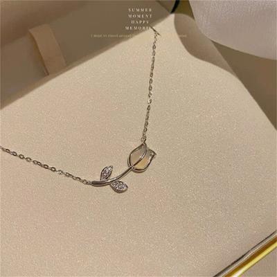 Elegant  Tulip Gemstone Pendant Necklace For Women Korean Style Trendy Light Luxury Choker Chain Jewelry Accessories