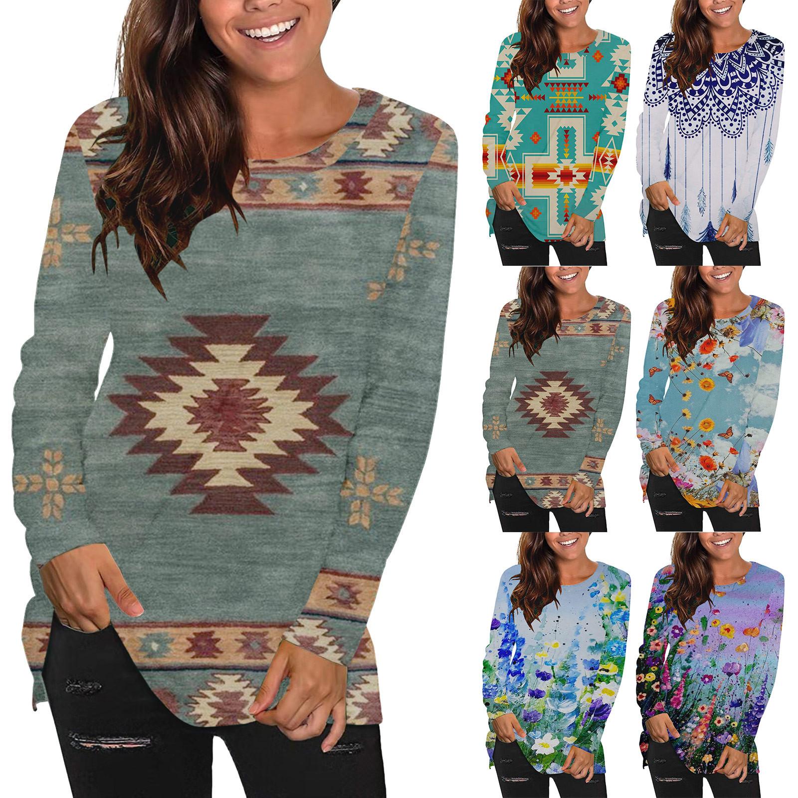 

Женские повседневные свободные топы с круглым вырезом и длинными рукавами с принтом