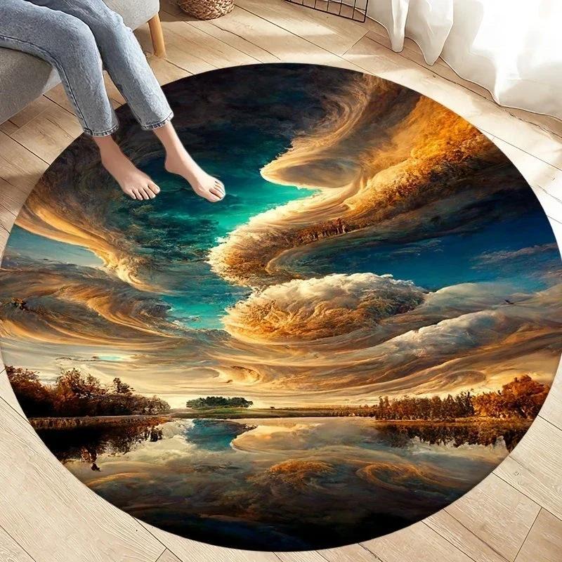 Natural Disaster Round Carpet Fantasy Tornado Cloud Print Area Rug for Living Room Kitchen Bedroom Sofa Decor Non-slip Floor Mat