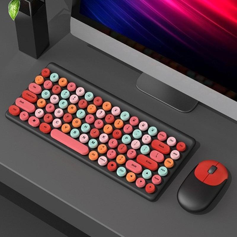 Portable Wireless Keyboard and Mouse Set Circular Keycaps Compact Computer Peripherals Office Games RGB Lighting Effects