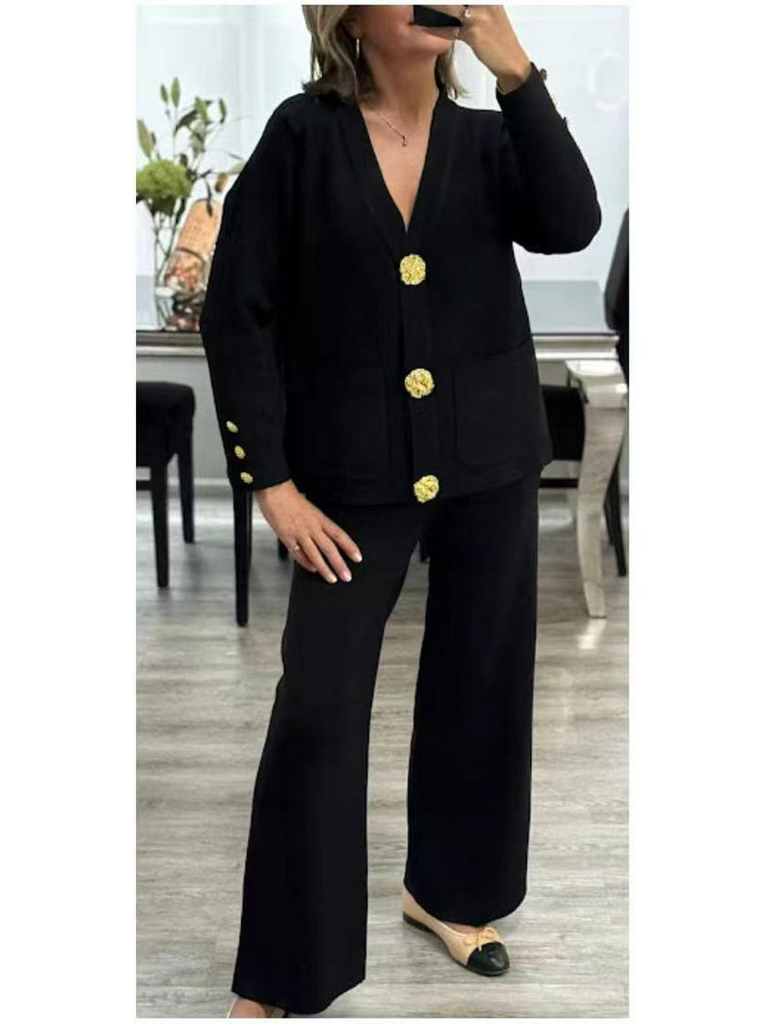 

Женский вязаный кардиган в европейском стиле и комплект из двух предметов с широкими брюками One Size чёрный