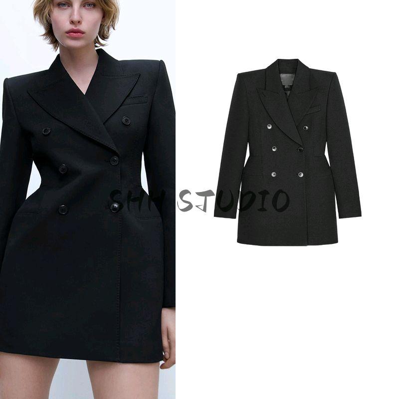 Spring New Women's Clothing Breasted Streamers Padded Shoulder Lapel Long Sleeves Double Breasted Dress Suit 2491797