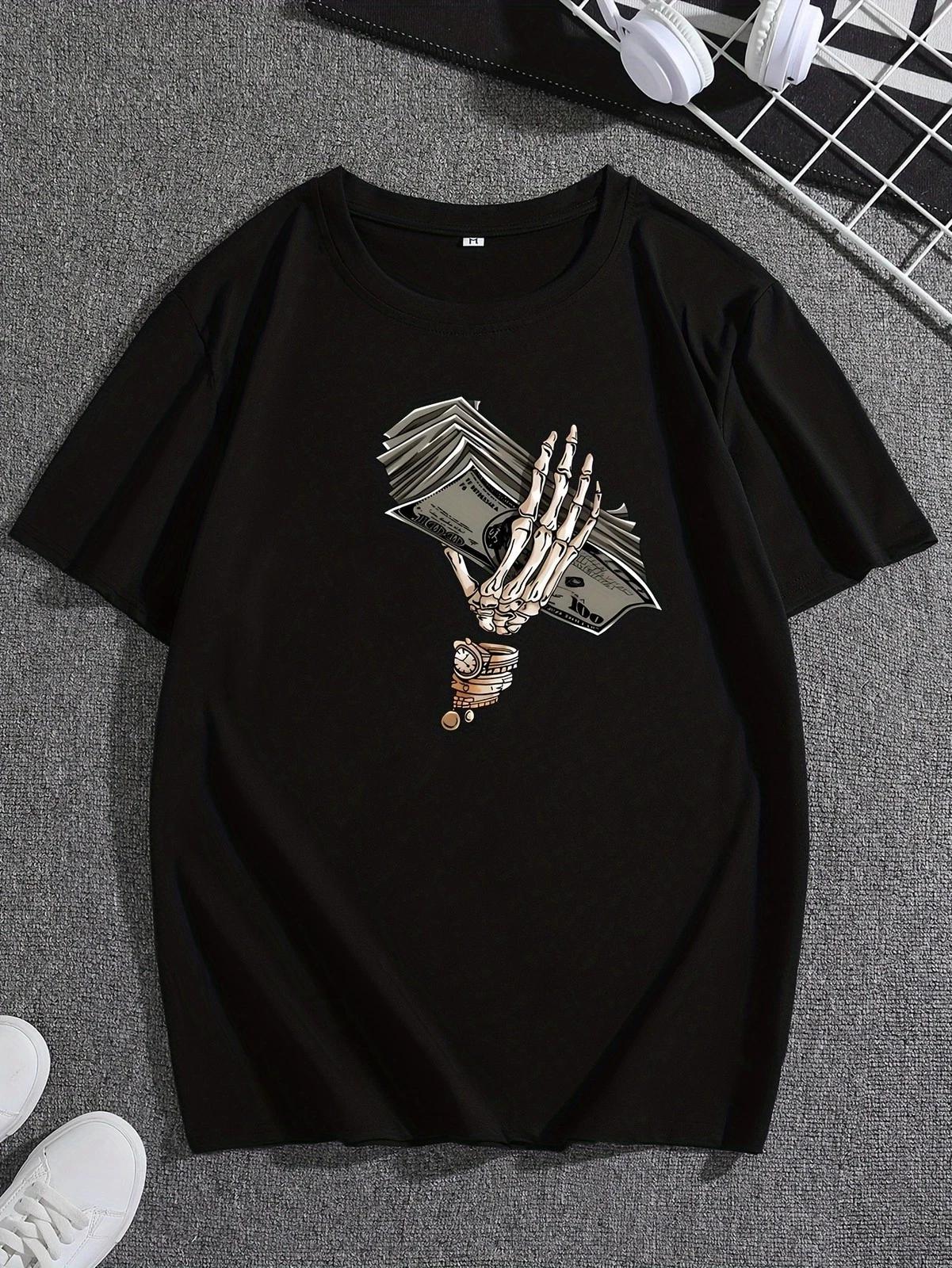 Men s Skeleton Money Graphic T-Shirt Skull Cash Streetwear Casual Tee XS