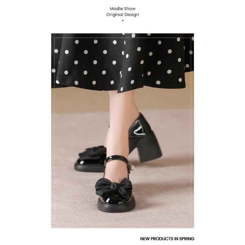 

Женские туфли Мэри Джейн лето новые универсальные толстый каблук высокий каблук жемчужный темперамент туфли с бантом 35 чёрный