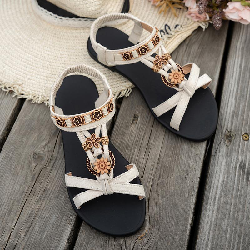 Fashion Flowers Decor Bohemian Sandals for Women 2025 Summer Non Slip Flat Heel Sandles Woman Elastic Band Plus Size Rome Shoes 36-43