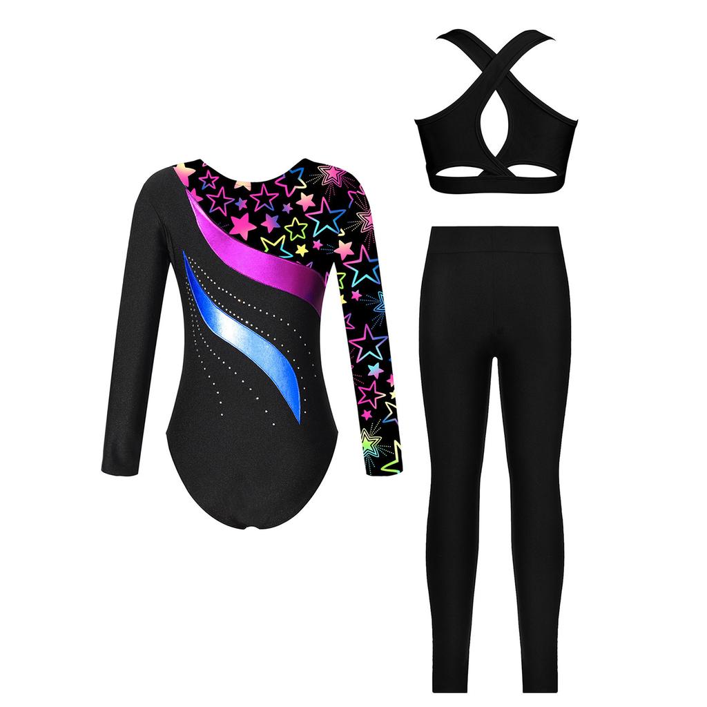 3-teiliges Turnset für Mädchen: Langärmliger Metallic-Patchwork-Turnanzug mit gekreuztem Rückenteil und Leggings