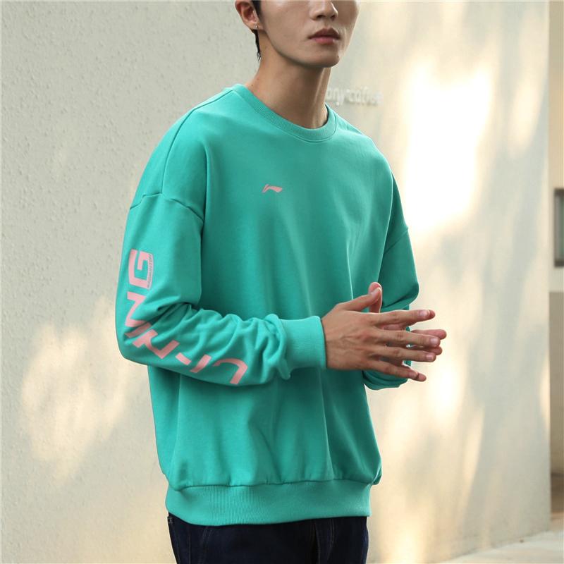 Li Ning Color Block Logo Print Round Neck Long Sleeve Sweatshirt Men sweatshirt Aqua-Green AWDRF73-4