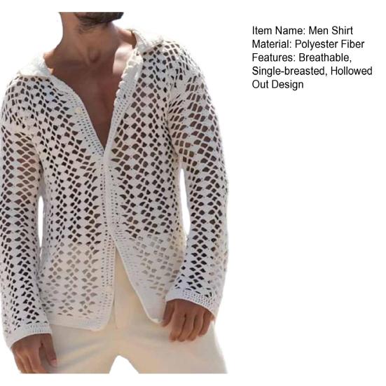 Men's Knitted Mesh Shirt Lapel Long-Sleeved Casual Top Solid Color Button Down