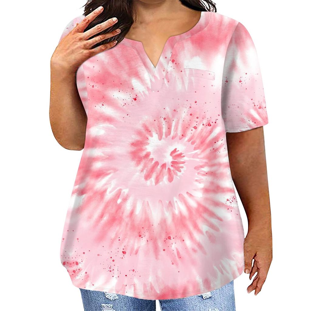 T-shirt décontracté à manches courtes et col en V pour femme, grande taille, imprimé tie-dye, avec poches
