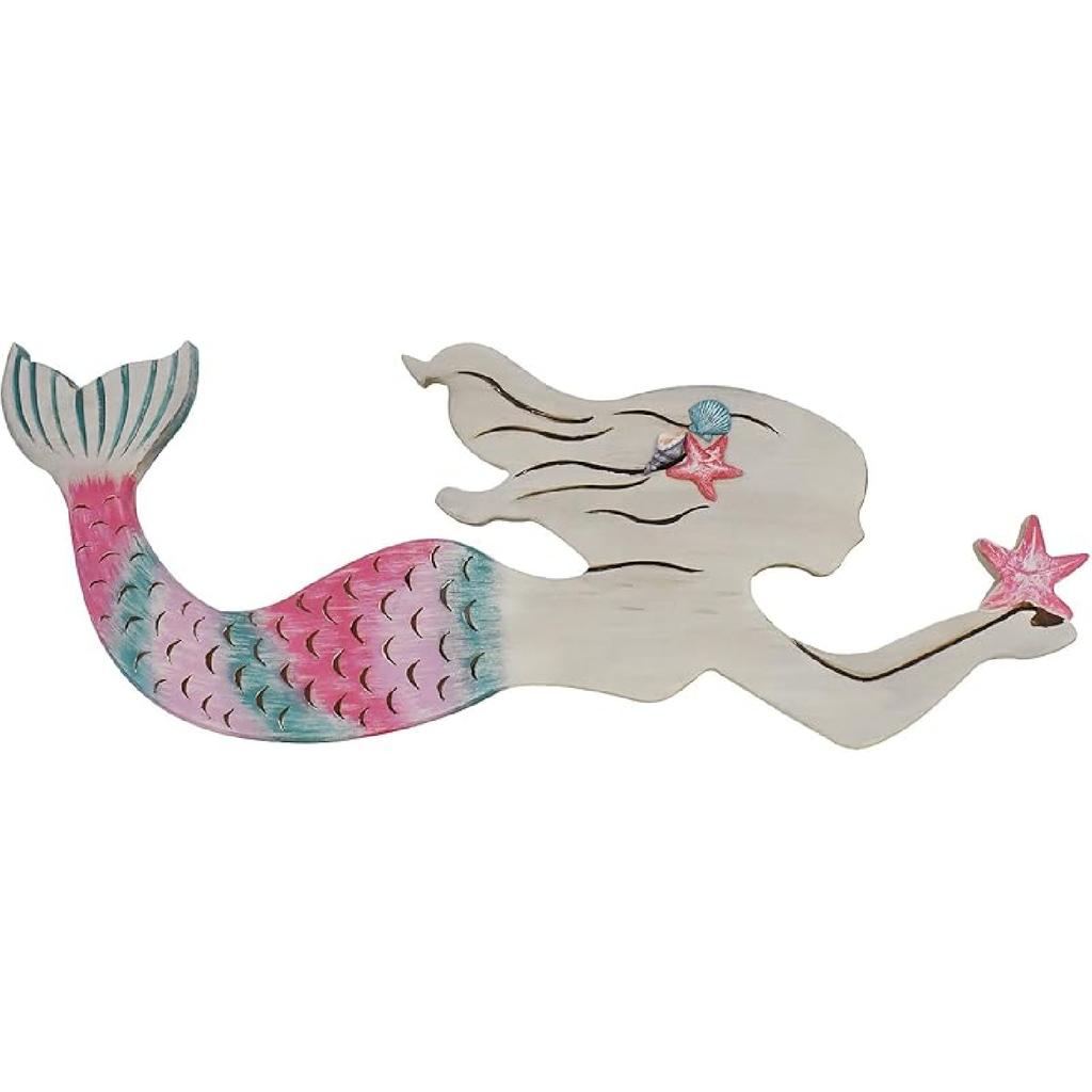 Rustic Wood Mermaid Decor Hanging Nautical Wall Decor, Wooden Mermaid Plaque Wall Sculpture Bathroom Beach Themed Decorations Coastal Mediterranean