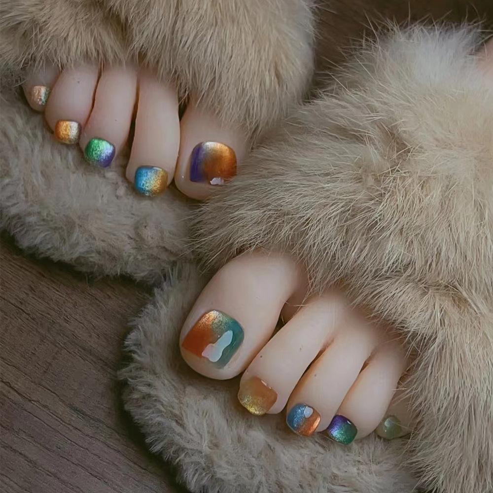 24 Pcs Short Square Fake Toenails Blue Cat Eye Rhinestone Design Full Cover Press On Nail Tips