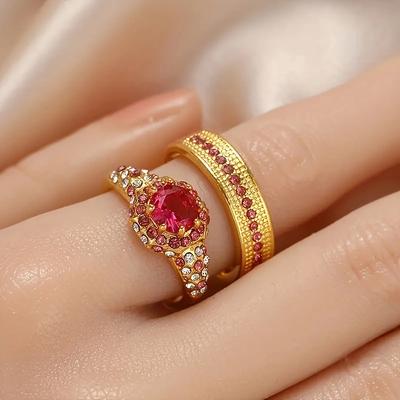 Diamond Two-piece Set of Jewelry, Simple and High-end Fashion Women's Set of Rings, Wedding Rings, Pigeon Blood Red Love
