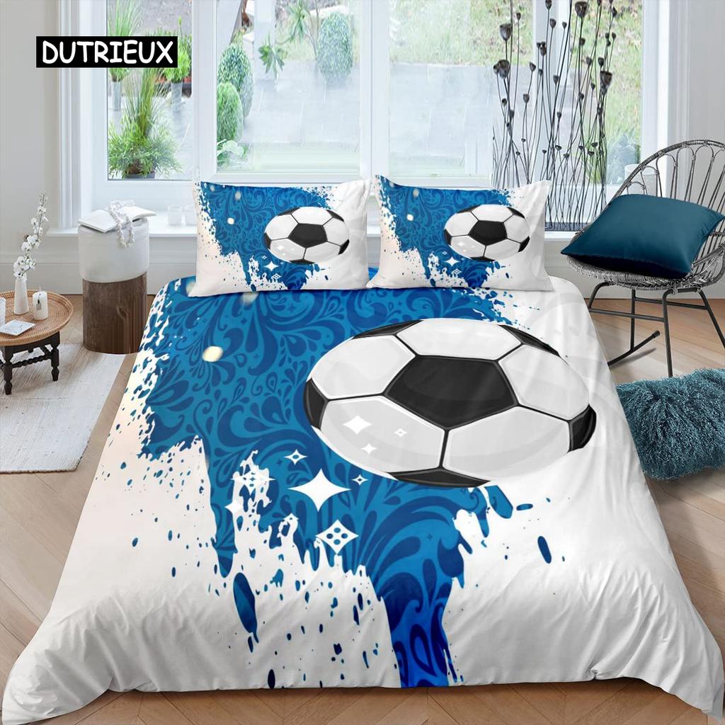 Fußball Bettbezug Set Fußballmuster Sportthema Bettwäsche Set Mikrofaser Bunt Grunge Stil Doppel King Bettdeckenbezug