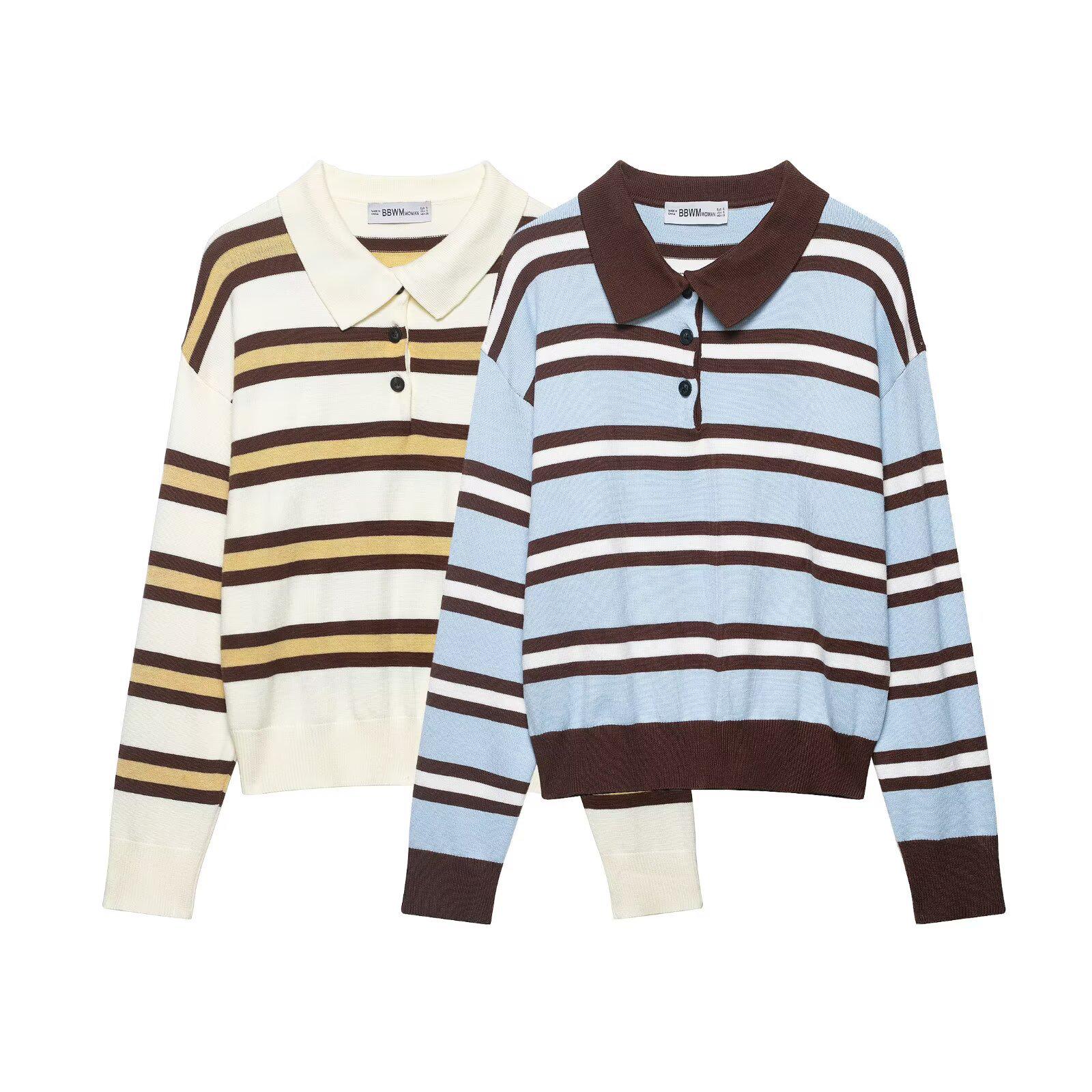 European Fashion Striped Casual Polo Collar Knitwear S
