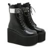 Women Lace Up Martin Boots Metal Leather Splice Chunky Heel Platform Side Zipper High Heel Ankle Boots