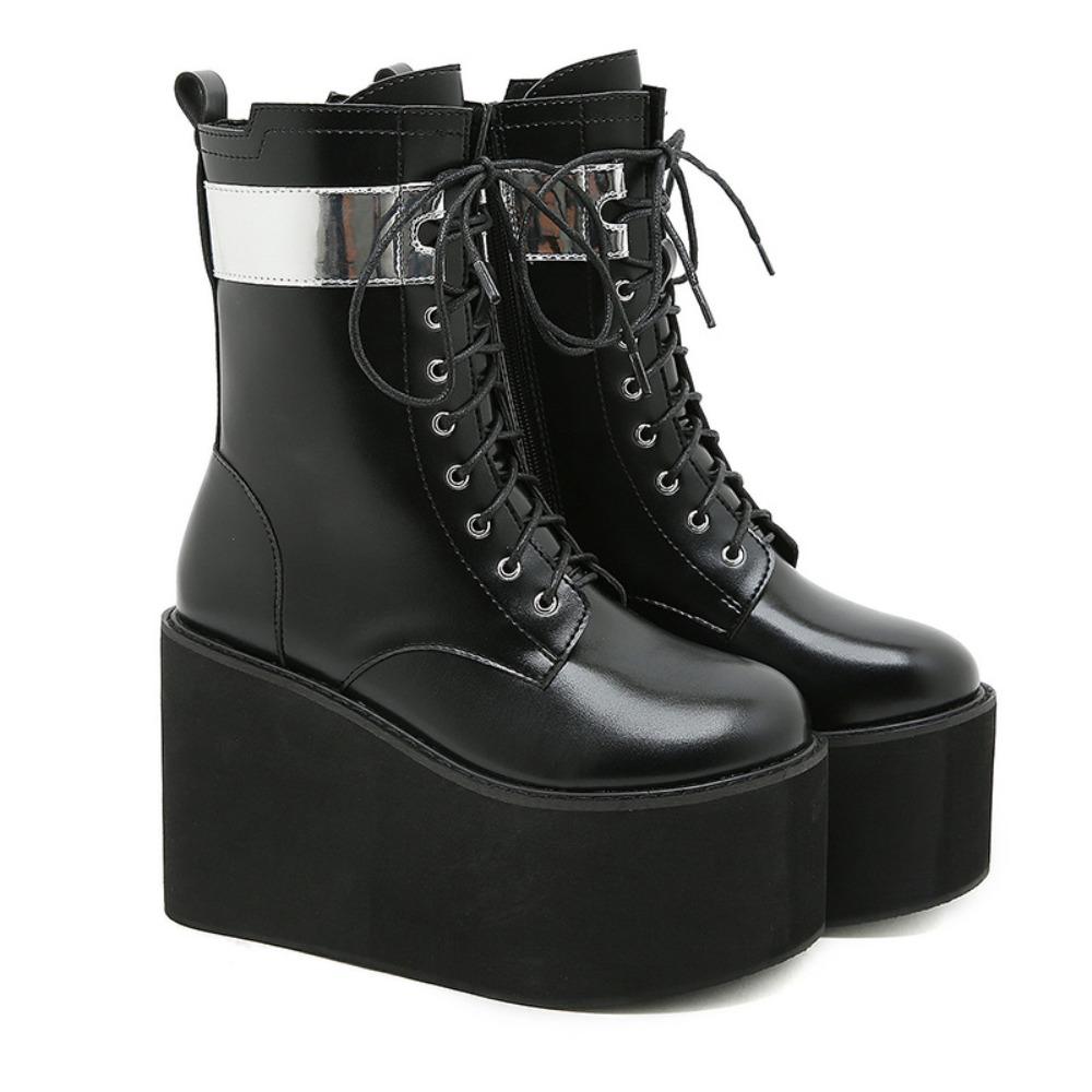 Women Lace Up Martin Boots Metal Leather Splice Chunky Heel Platform Side Zipper High Heel Ankle Boots