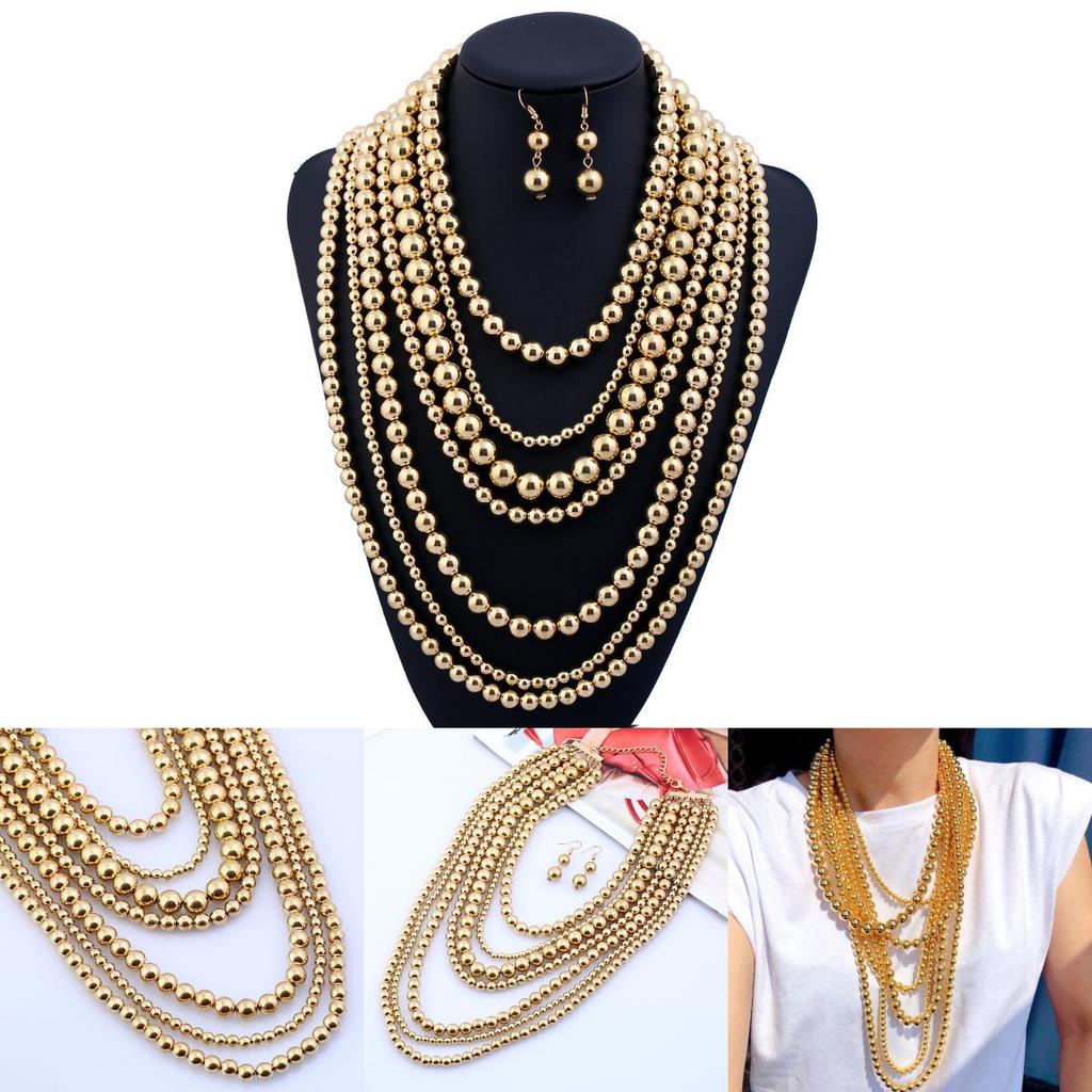 Exaggerated Gold Beaded Necklace With Multi Layers For Women Fashion Accessory