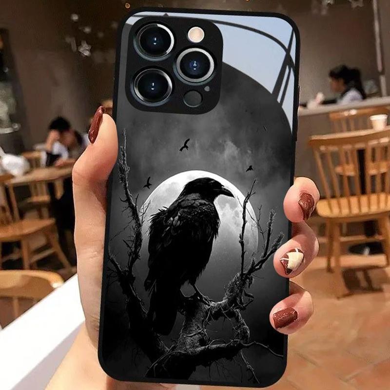 Night Raven Bright Moon Pattern Tempered Glass Phone Case For iPhone 17 16 15 14 13 12 11 Pro Max 17 Air 7 8 Plus XR XS X Cover