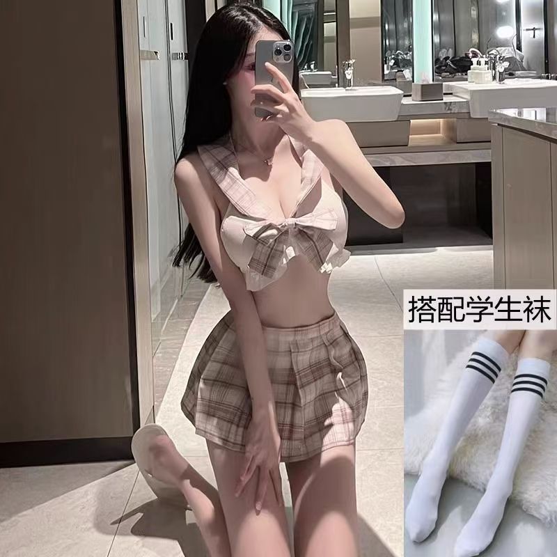 Large size 200 sex clothes, sexy plaid jk student clothing, passion lace-up hollow student uniform