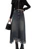 Women's High-Waisted Denim Midi Skirt, Autumn 2025: Slimming A-Line with Split, Fringe, and Hip-Hugging Design