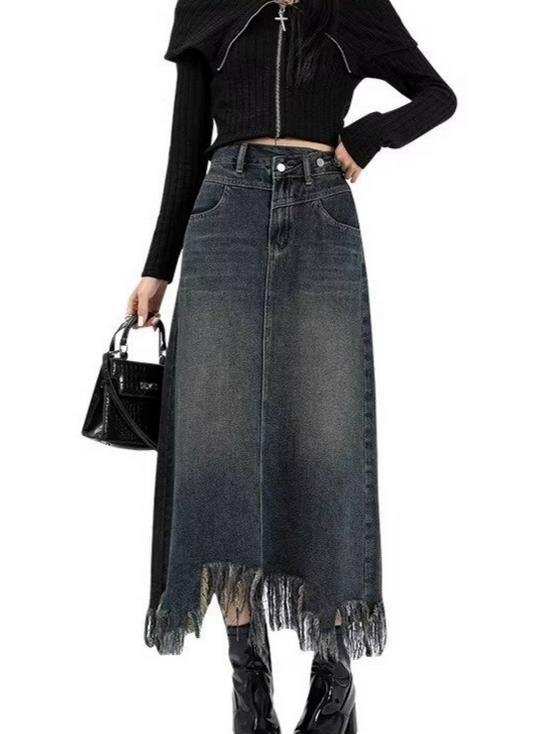 Women's High-Waisted Denim Midi Skirt, Autumn 2025: Slimming A-Line with Split, Fringe, and Hip-Hugging Design
