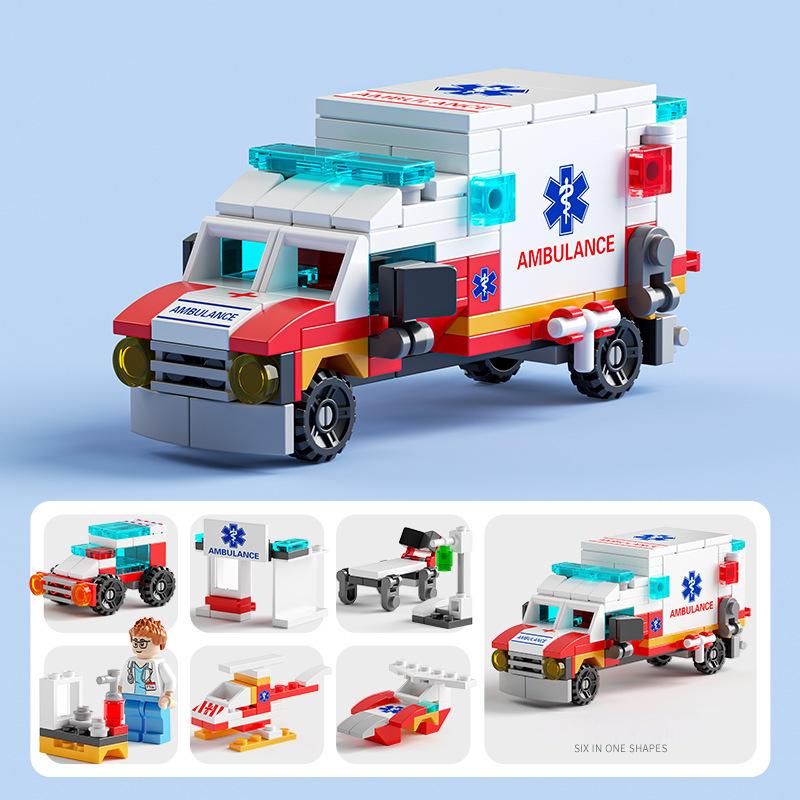6 in 1 Mega City Building Set - Police Car, Fire Truck, Crane, Tank, Helicopter & More, Construction Engineering Toys Gift