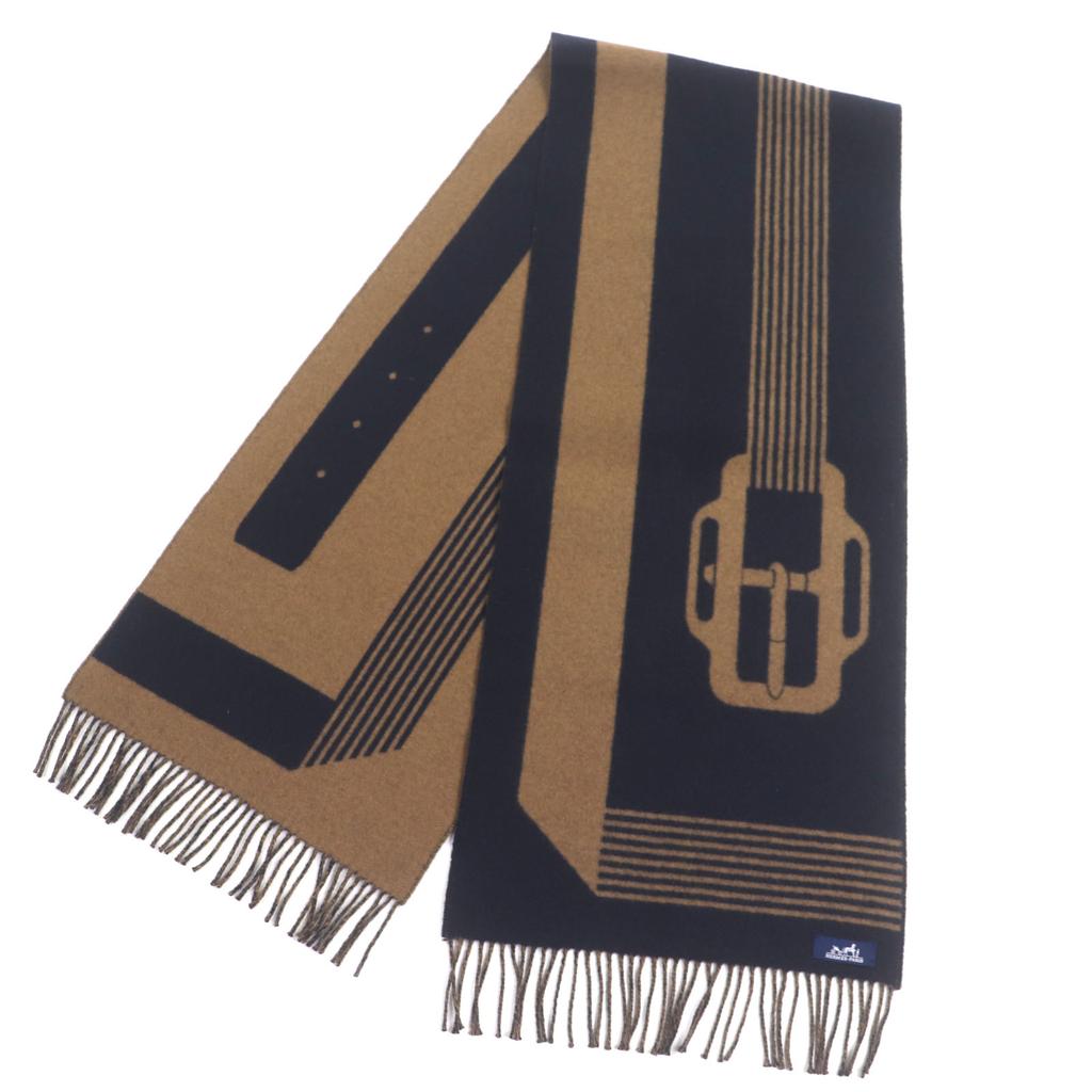 Excellent HERMES Scarf Sangle a Bookle With Fringe Navy Cashmere Mens Used
