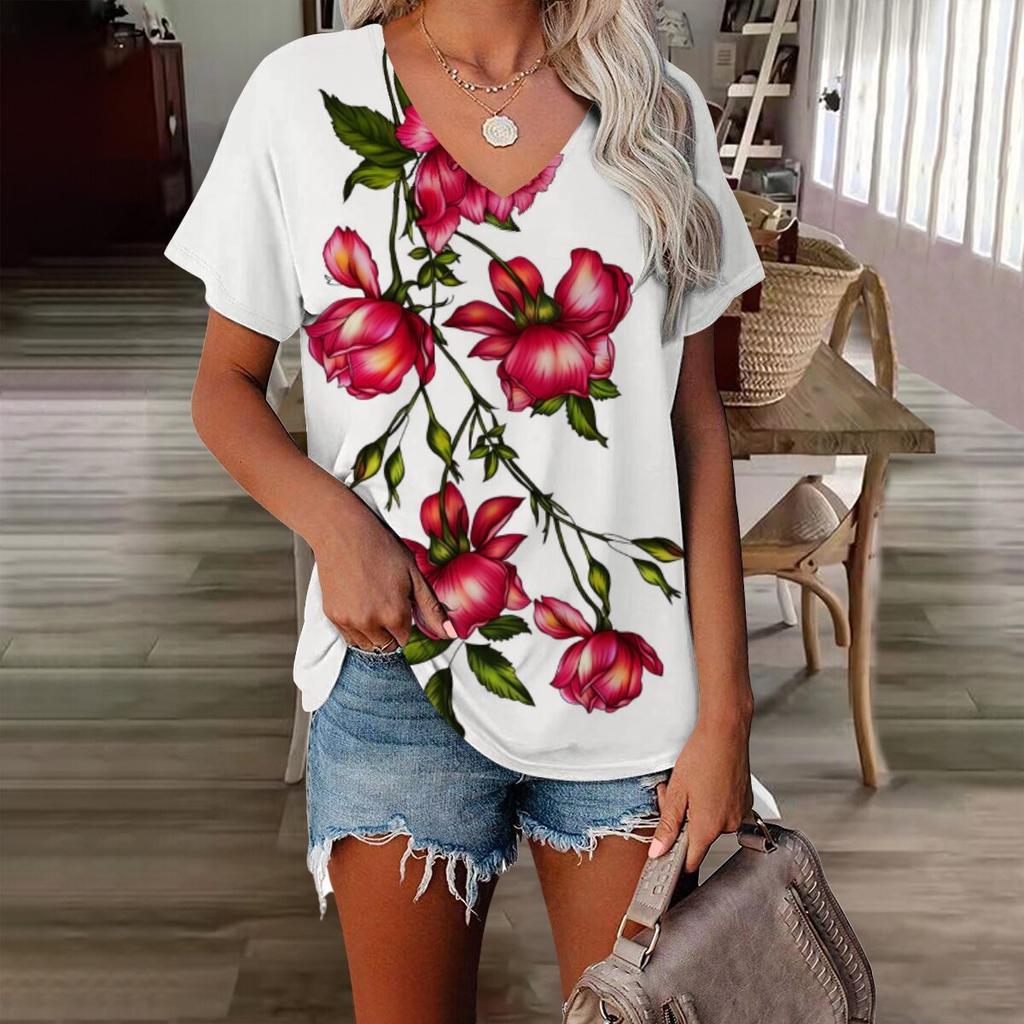XL-7XL Plus Size T Shirt Women V Neck Short Sleeve Tops Summer Lovers Couples T Shirt Casual 3D Floral Print T Shirts