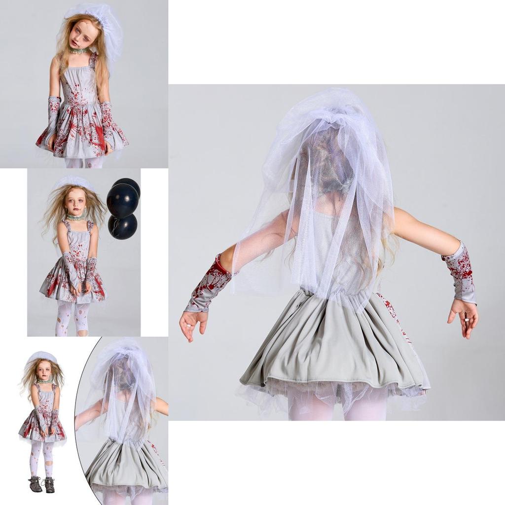 Costume di Halloween per Bambini e Adulti Spaventoso Vestito da Sposa Fantasma Grigio Macchiato di Sangue con Pizzo e Gonna in Tulle